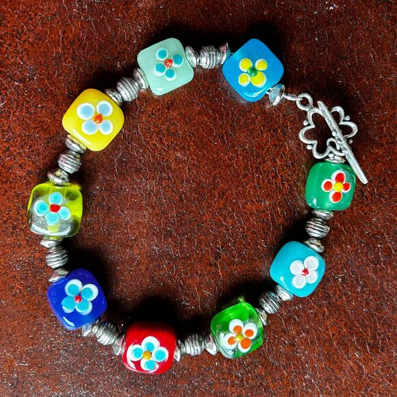 Colorful Square Flower Glass Beaded Bracelet 925 Sterling Clasp - Picture 1 of 11
